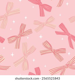 Pink pattern with bows in coquette esthetic, girlie background for valentine`s day wrapping paper, fabric, packaging