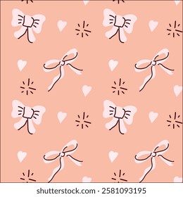 Pink pattern with bows and hearts on pastel background.