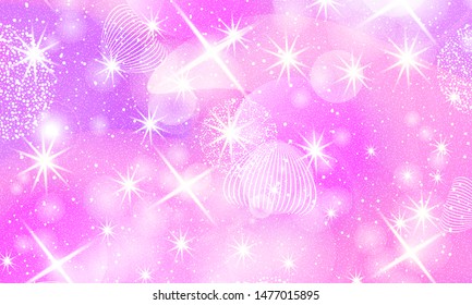 Pink pattern. Christmas background. Holographic magic stars. Fantasy galaxy print. Sparkle pink pattern.