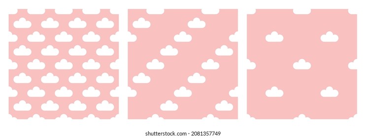 Pink pattern with clouds for girls in shabby chic style. Set of seamless repetitive ornaments. Cute flat vector illustration for newborn baby girls. Print for the design of kids fabrics, scrapbooking.