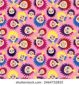 Pink pattern with colorful cartoon faces. Halloween pattern with demons