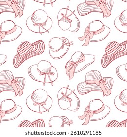 Pink pattern of coquette vintage girly Hats with bows. Hand drawn background in doodle style. Vector illustration for invitation, cover, scrapbooking, postcard or personal secret diary.