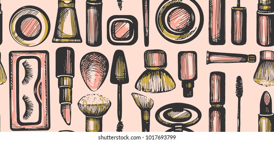 Pink pattern with cosmetic products