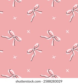 Pink pattern with cute bows and stars on soft background.