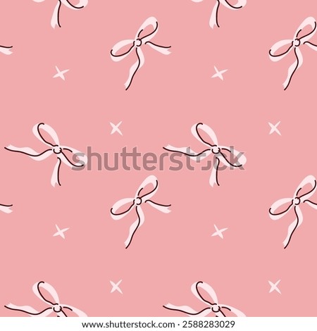 Pink pattern with cute bows and stars on soft background.