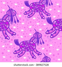 Pink pattern with decorative pink unicorns on a background with white grass and pink dots.