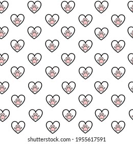 Pink pattern with dog pet paw in hearts. Textiles for children. Digital paper scrapbook for kids.