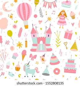 Pink Pattern For Girls With Funny Toys And Kids Elements. Vector Seamless Background With Birthday Cake, Bouncy Castle, Princess And Sweet Food