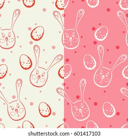 Pink pattern with hand drawn bunnies and spotted Easter eggs.