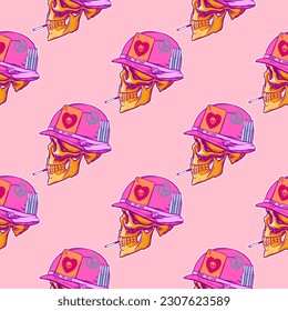 Pink pattern of love skulls in hand drow style for print and decoration.Vector illustration.