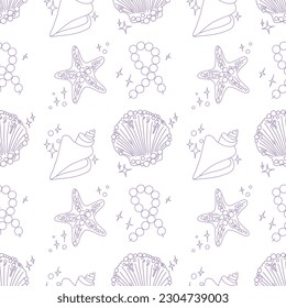 pink pattern on a white background. seamless vector pattern. marine theme shells, starfish, glare, pearls. doodle illustration. fabric design, background image