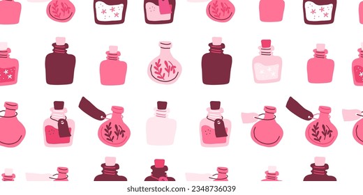 Pink pattern with potion bottles. Witch pattern in hand drawn style, suitable for pink Halloween party, valentines day