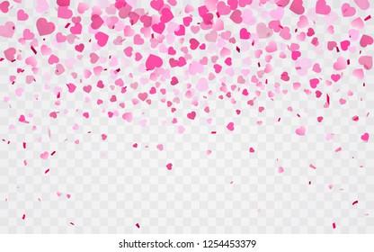 Pink pattern of random falling hearts confetti. Border design element for festive banner, greeting card, postcard, wedding invitation, Valentines day and save the date card. Vector illustration.