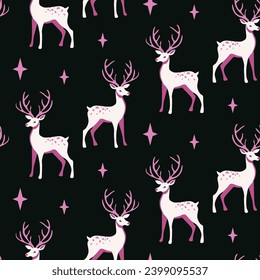 Pink pattern reindeer animal head seamless black background. Fabric and wallpaper print with stylish deers and stars.