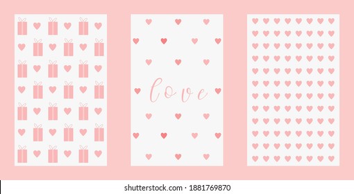 Pink pattern set Valentine's Day, art, cute cards, lovely hearts and gifts, concept of love, decoration, romantic, isolated, nice design, beautiful ornaments, vector illustration
