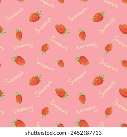 Patrón rosa con fresas y la palabra Verano sin costuras de fondo Fondo de pantalla de estilo plano Fondo de pantalla