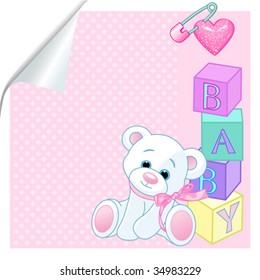 Pink pattern with Teddy Bear and word "baby" spelled out by blocks.