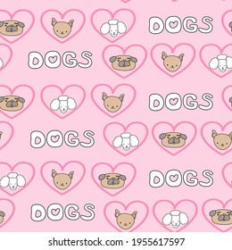 Patrón rosado con perros de texto pug mascotas en los corazones. Textiles para niños. Libro de recortes de papel digital para niños.