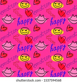 Pink pattern with text love, emotion, happy. With a painted heart and emoticon
