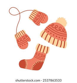 Pink patterned hat, sock, and mittens. Cute winter clothes, accessories, elements. Flat hand drawn vector illustration isolated on transparent background. 