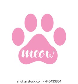 Pink paw print of cat with hand lettering word 'Meow' isolated on white background. Vector illustration. Cute animal symbol.