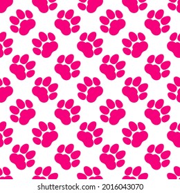 Pink paw print seamless repeating background pattern. Cat or dog footprints. Vector illustration. 