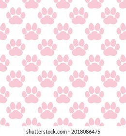 Pink paw print seamless repeating background pattern. Cat or dog footprints. Vector illustration. 