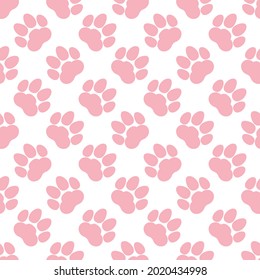 Pink paw print seamless repeating background pattern. Cat or dog footprints. Vector illustration. 