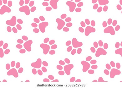 Pink Paw Prints on White Background Seamless Vector Pattern