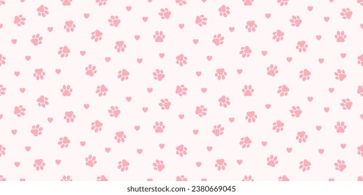 Pink paws and hearts on light pink pattern. Cute dog, cat, kitten, puppy footprints. Love animals. Animal care. Decor, fabric, textile. Banner, brochure, poster, card. Vector illustration