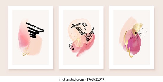 Pink and Peach Abstract Watercolor Compositions. Set of soft color painting wall art for house decoration or invitations. Minimalistic background design. Vector wall art plants in a minimalist style.