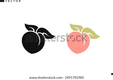 Pink peach and black peach. Isolated fruit with leaves vector. Natural food icon