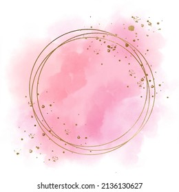 Pink and peach brush stroke watercolor with gold glitter and golden circle frames.