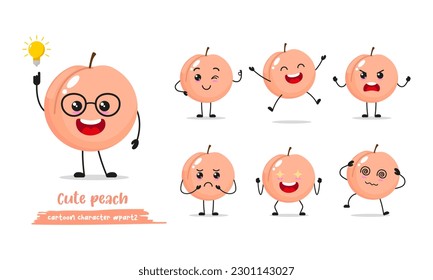 pink peach cartoon with many expressions. different fruit activity vector illustration flat design. smart peach for children story book.