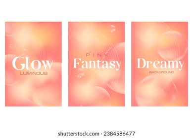 Pink peach color background set with abstract wavy lines and flowing bubbles. Glowing wallpaper for cosmetic products, romantic, dreamy style. Perfect for presentations, card design, flyers, posters.