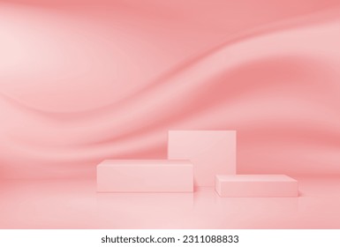 Pink or peach color podium vector mockup with smooth wave on wall. Realistic display stand, pedestal or platform with geometric base on pastel background. 3d cosmetic product podium or award pedestal