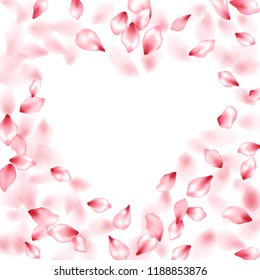 Pink peach flower flying petals isolated on white. Soft beauty salon background. Japanese sakura petals seasonal confetti, blossom elements flying. Falling cherry bloom flower parts design.