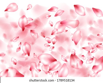 Pink peach flower flying petals isolated on white. Airy floral background. Japanese sakura petals seasonal confetti, blossom elements flying. Falling cherry bloom flower parts vector.