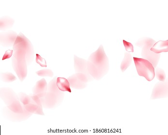 Pink peach flower flying petals isolated on white. Fresh floral background. Japanese sakura petals springtime confetti, blossom elements flying. Falling cherry bloom flower parts vector.