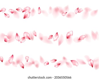 Pink peach flower flying petals isolated on white. Abstract floral background. Japanese sakura petals seasonal confetti, blossom elements flying. Falling cherry blooming flower parts design.