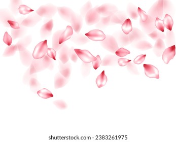 Pink peach flower flying petals isolated on white. Chaotic beauty salon background. Japanese sakura petals seasonal confetti, blossom elements flying. Falling cherry bloom flower parts vector.