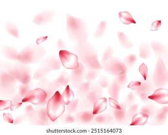 Pétalos voladores de flores de melocotón rosa aislados en blanco. Fondo floral idílico. Pétalos de sakura japoneses confeti de temporada, Elementos en flor volando. Vector de partes de flores de cerezo que caen.