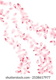 Pink peach flower flying petals isolated on white. Light beauty salon background. Japanese sakura petals spring confetti, blossom elements flying. Falling cherry bloom flower parts design.