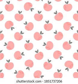 Pink peach fruit with leaves on white background vector illustration. Cute doodle food print.