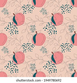 Pink peach fruit seamless pattern. Vector illustration of an infinite pattern with linear leaves and colored drops. Ripe juicy fruit in a flat linear style.