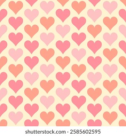 Pink and peach hearts on beige background. Simple vector seamless pattern. Best for textile, wallpapers, wrapping paper, package and St. Valentine's Day decoration.