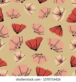 Pink Peach Orange Poppies On Soft Brown Background Vector Seamless Pattern - Great For Wallpaper,backgrounds,gifs,surface Pattern Design,packaging Design Projects