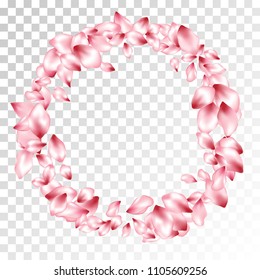 Pink peach petals flying vector cosmetics background. Spring falling flower parts confetti, blossom elements seasonal design. Fresh flower blossom petals card vector background.
