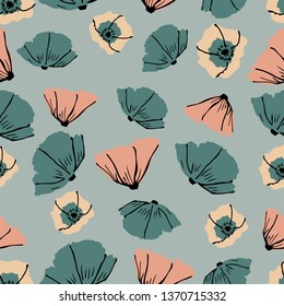 Pink Peach Poppies On Blue Background Vector Seamless Pattern - Great For Wallpaper,backgrounds,gifs,surface Pattern Design,packaging Design Projects