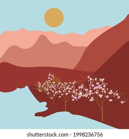 Pink, peach, purple and brown mountains and the sun on a blue background with a cherry blossom on the shore by the lake. Mountains in the morning in spring
